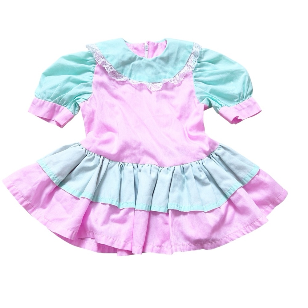 Vintage 90’s Pastel Pink & Green Easter Dress Lace Ruffles Puffed Sleeves Spring